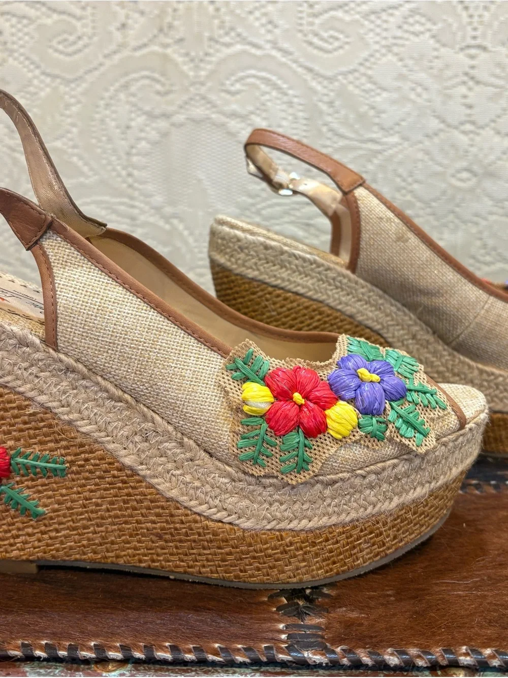 Woven Espadrille Wedge Sandals with Multicolor Floral Embroidery - Women - Picture 3 of 9